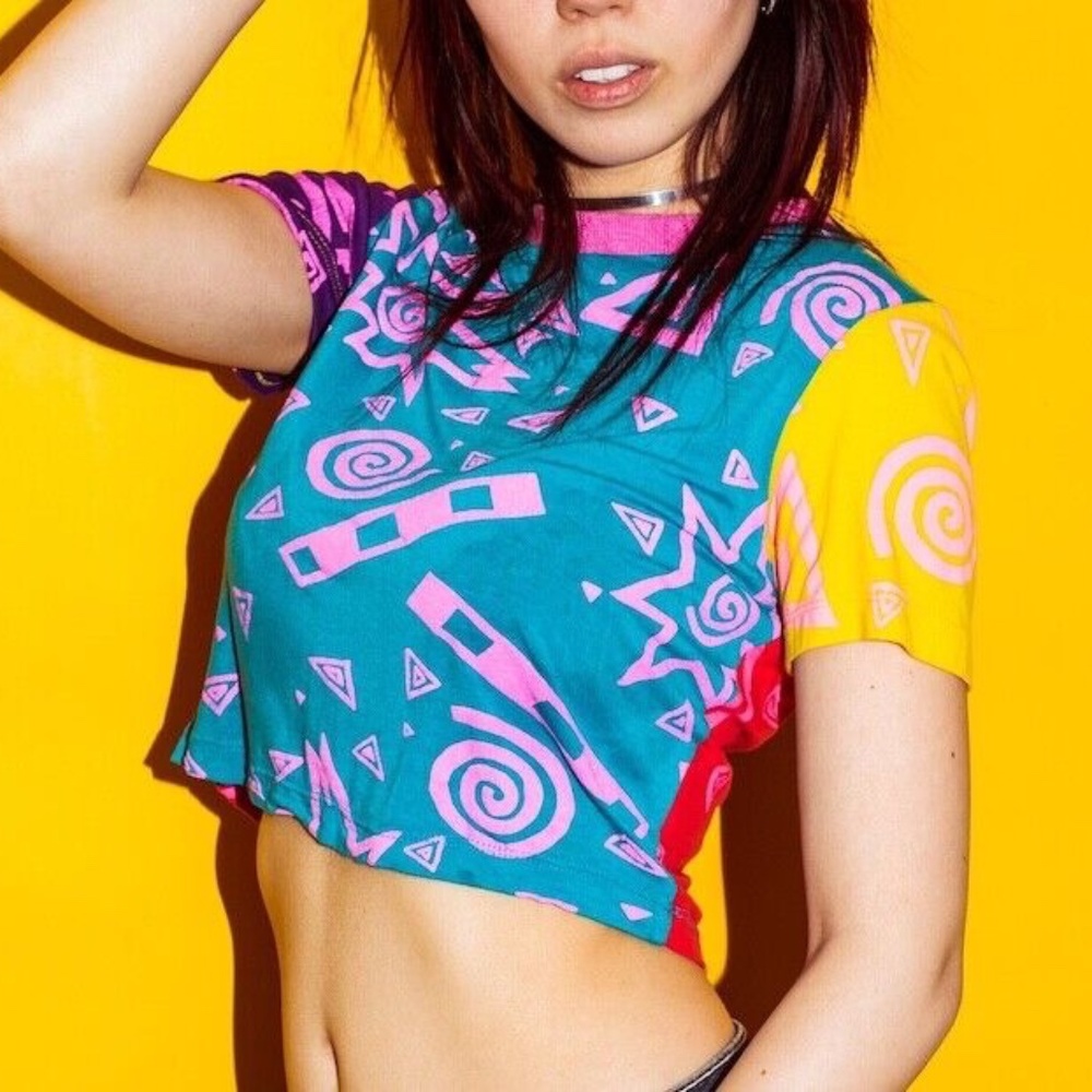 Mamadoux Elliott Beach Art School Crop Top XS pink blue multi color 90s pattern
